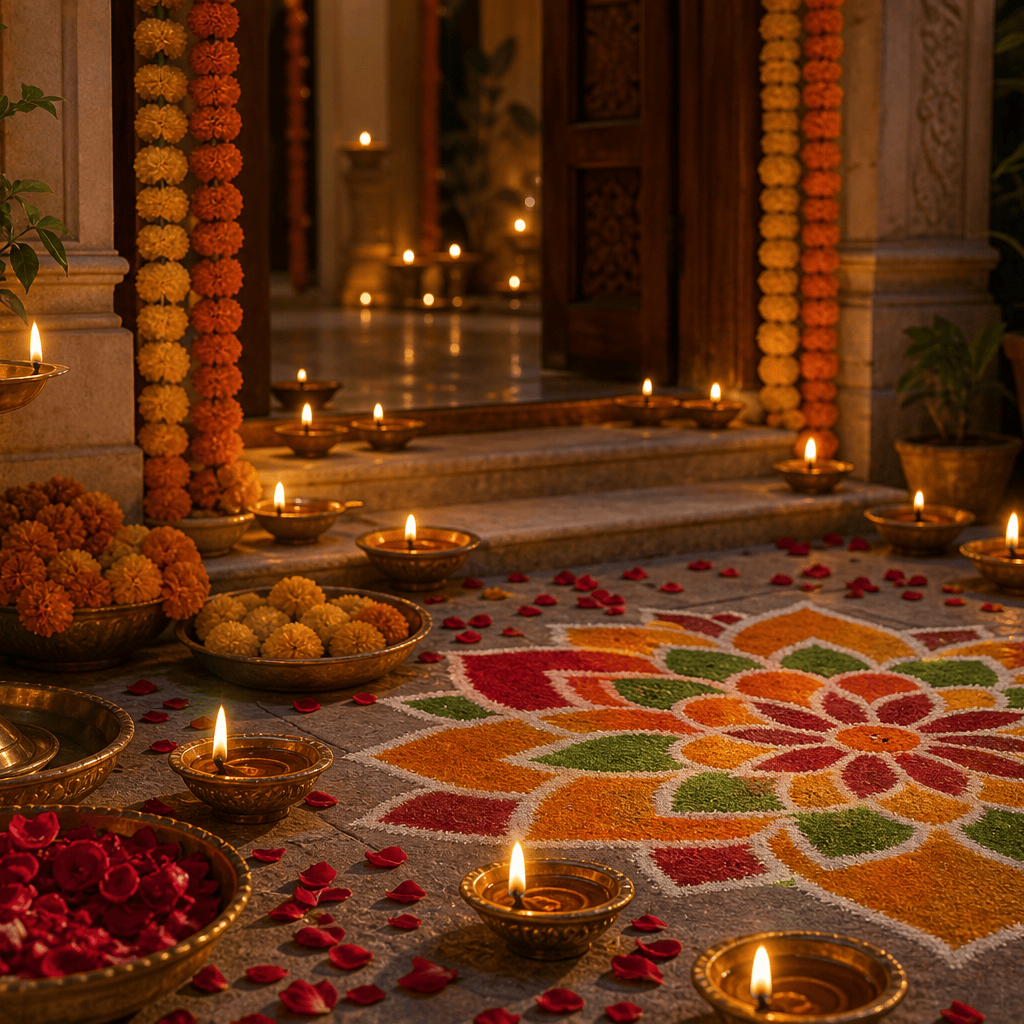Diwali diyas, rangoli, marigold flowers, and Lakshmi puja offerings