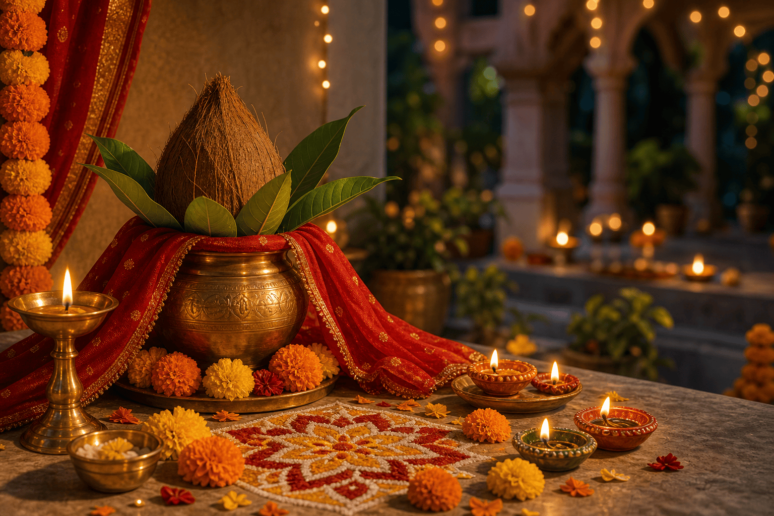 Hindu festival calendar with diyas, rangoli colors, flowers, and auspicious dates