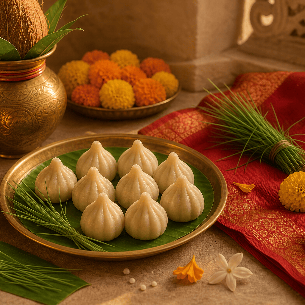 Ganesh Chaturthi offerings with modak, durva grass, marigold, and festive altar