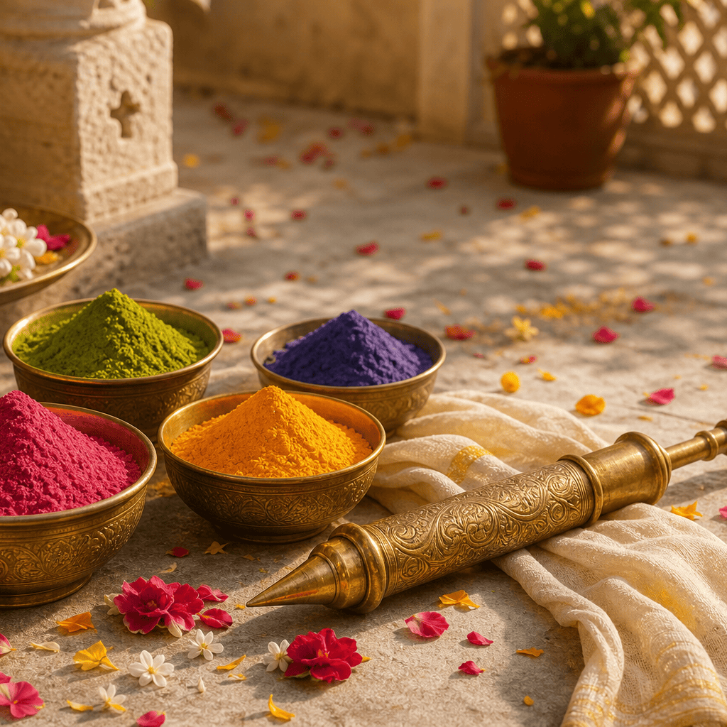 Holi colors arranged in brass bowls with flowers and spring festival texture
