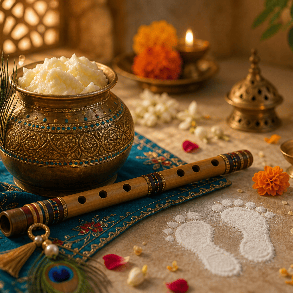 Janmashtami butter pot, flute, peacock feather, and flowers