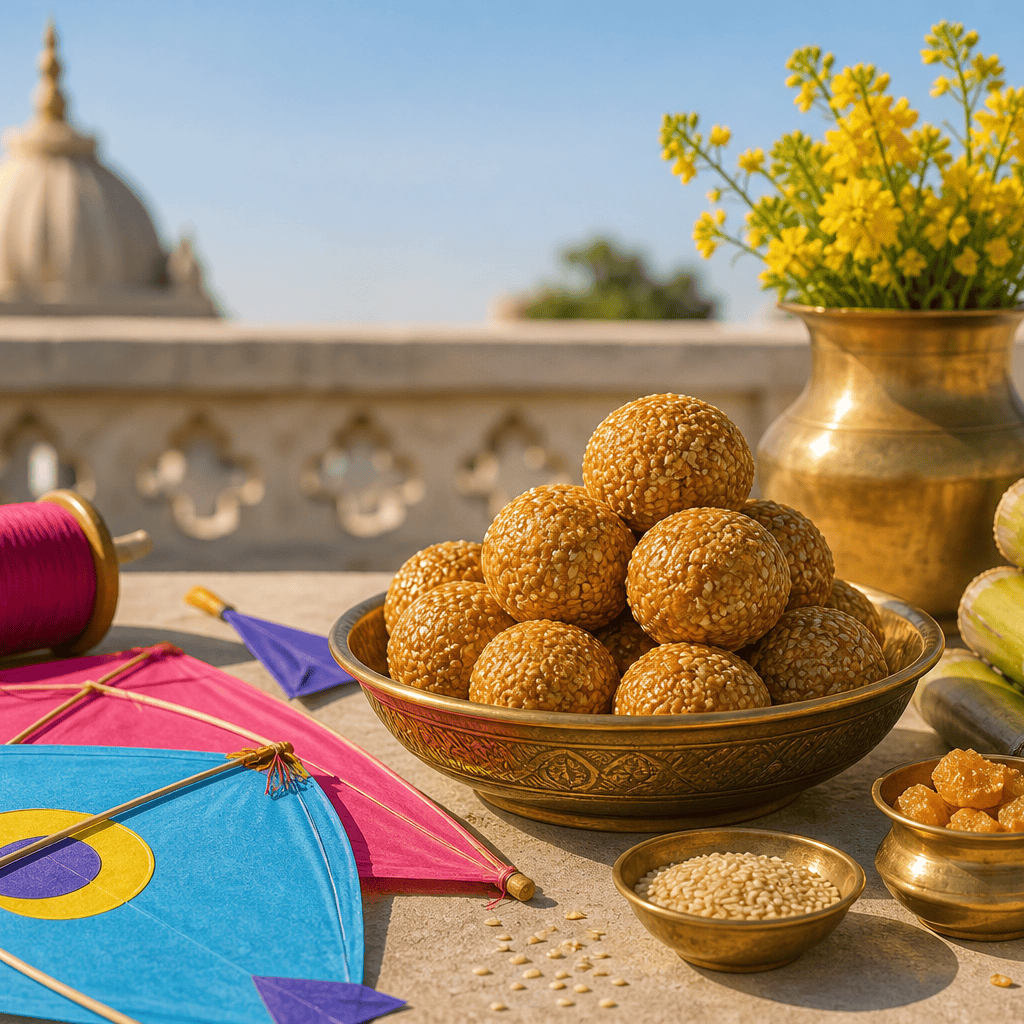 Makar Sankranti tilgul sweets, kite colors, sesame, and winter sunlight