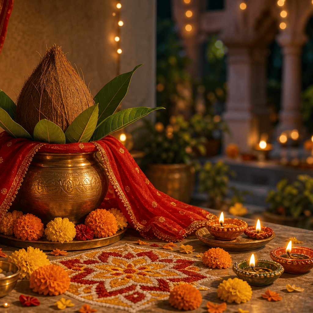Navratri garba lamps, red cloth, flowers, and festive devotional setting