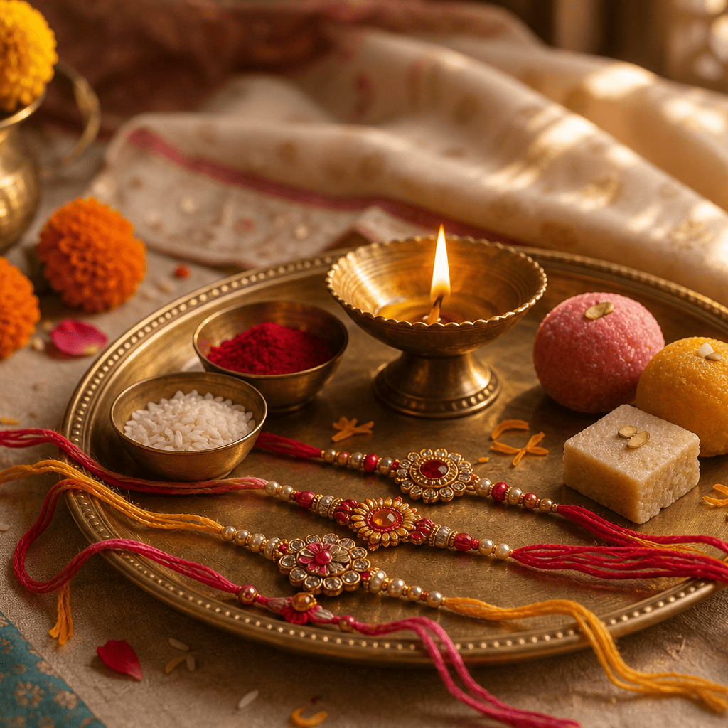 Raksha Bandhan rakhi thali with kumkum, rice, sweets, and festive thread