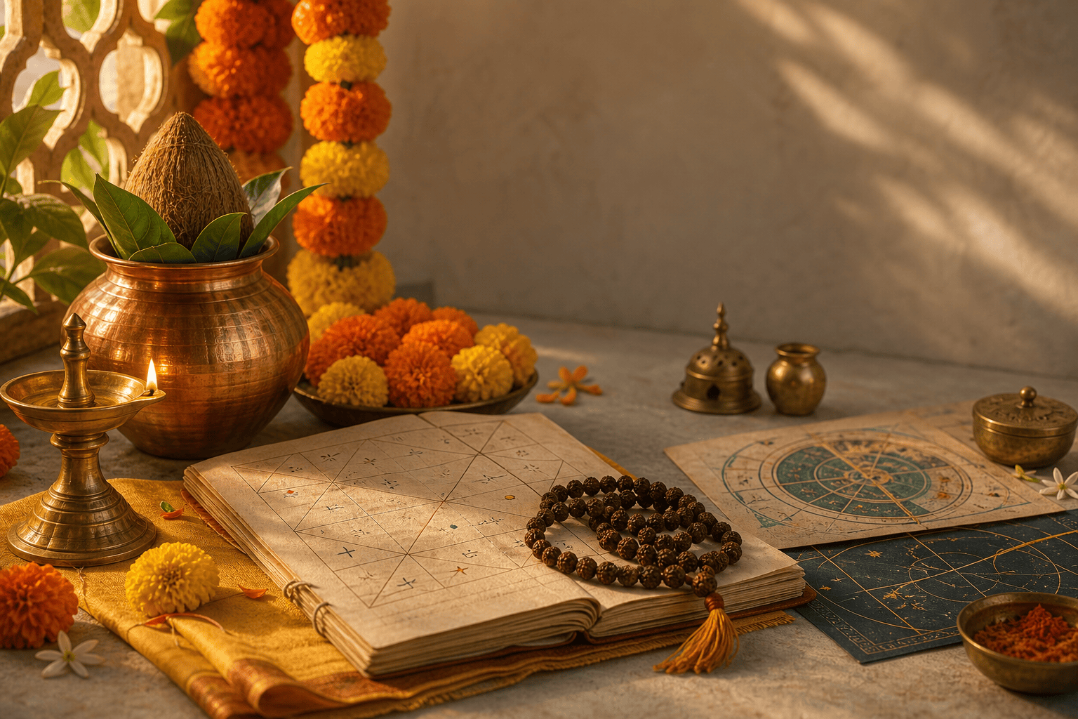 Open panchang almanac with brass diya, flowers, and celestial calendar markings
