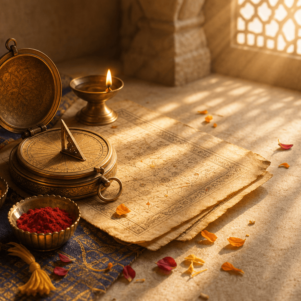Abhijit Muhurat midday light with diya and auspicious calendar markings