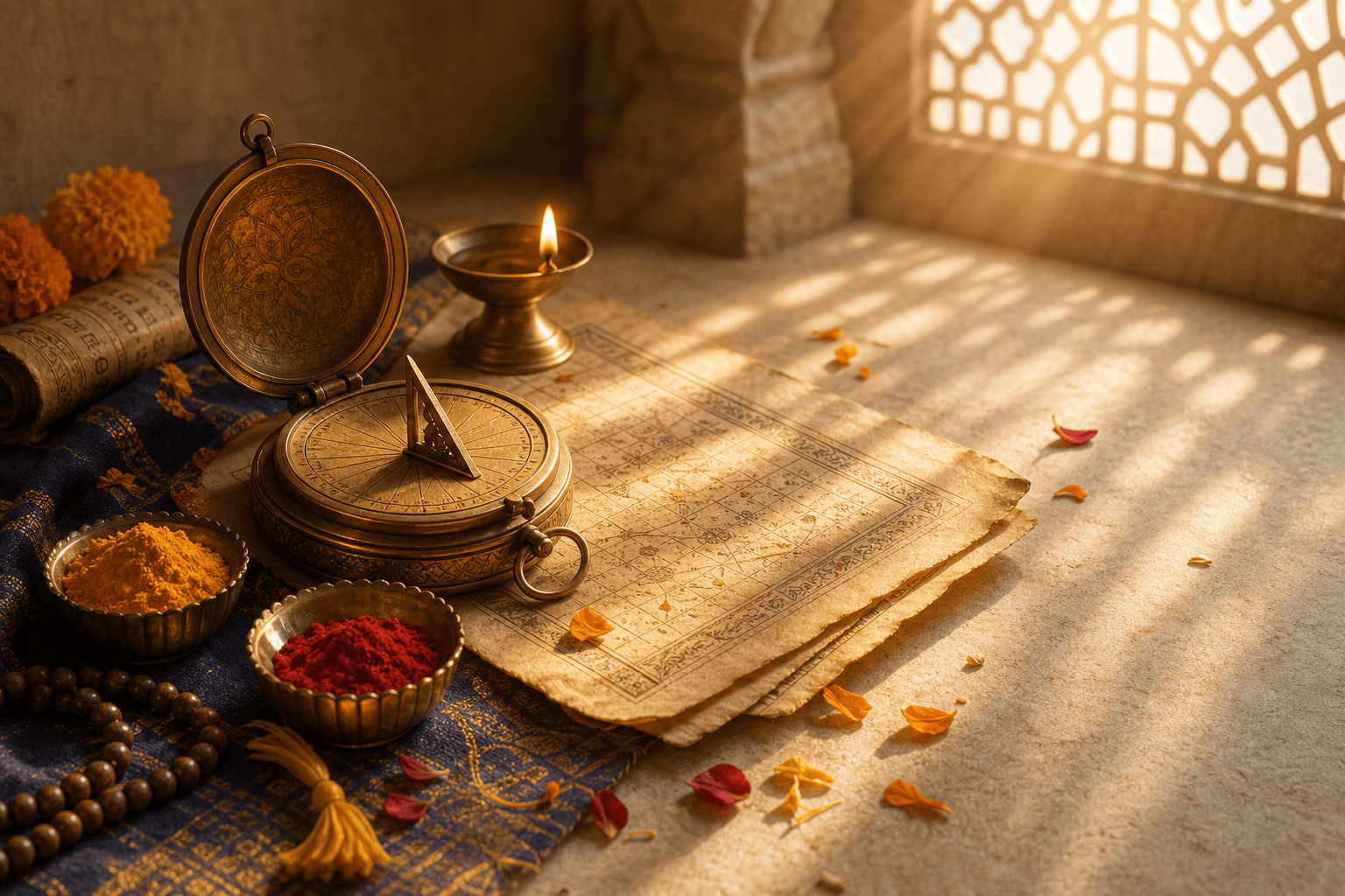 Auspicious timekeeping scene with brass clock, diya, and calendar notes