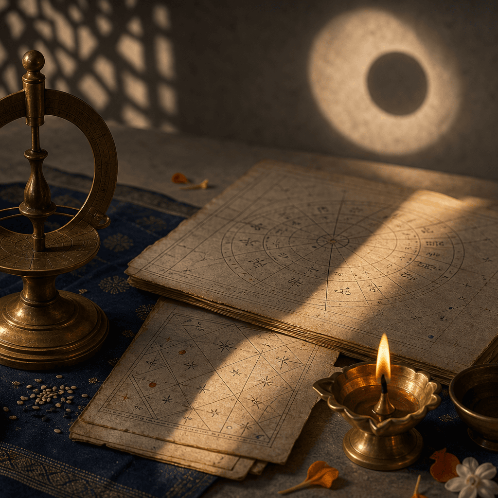 Rahu Kaal period visualized with a subdued shadow across a ritual calendar