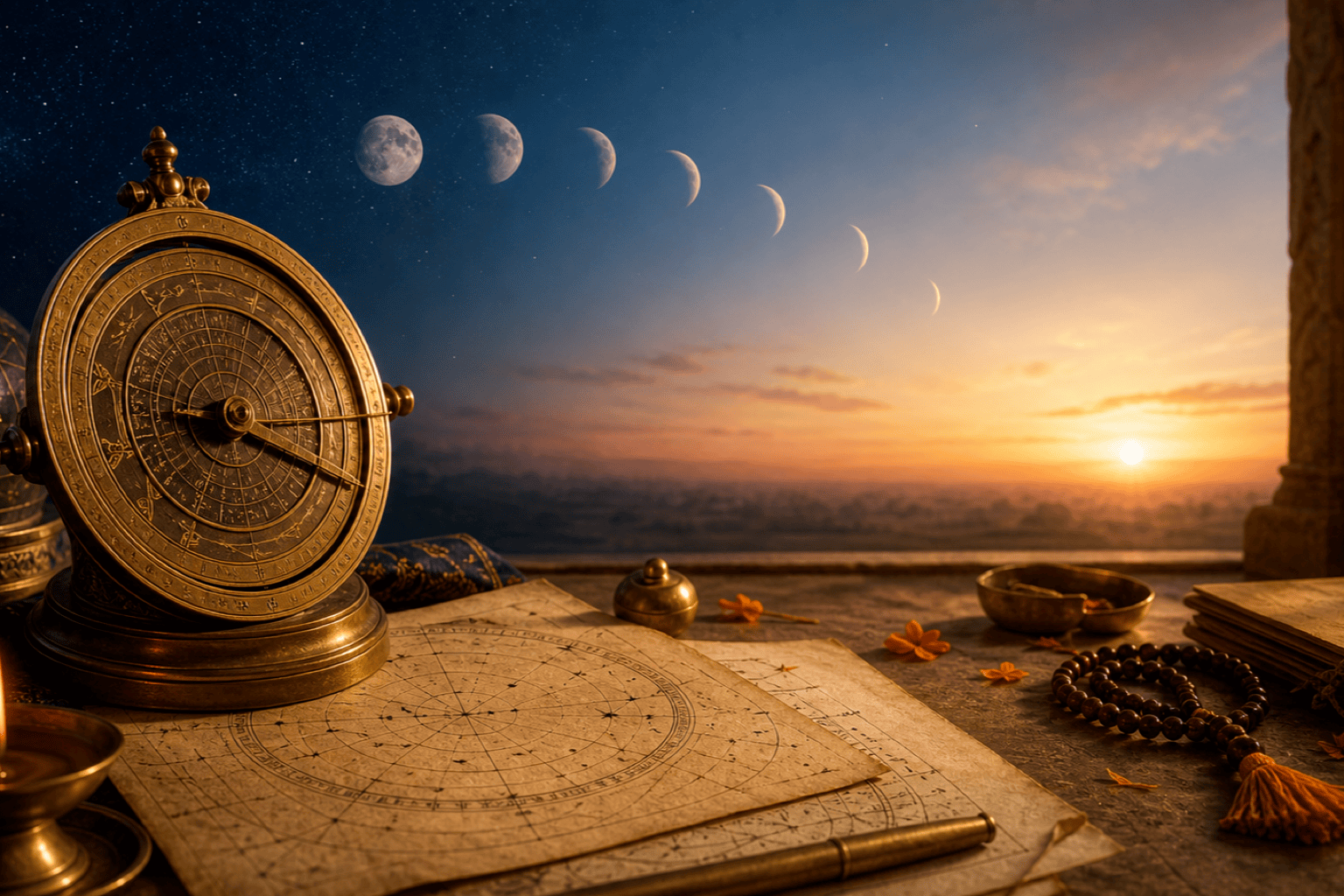 Sun, moon, and panchang timeline inspired by traditional Hindu almanac charts