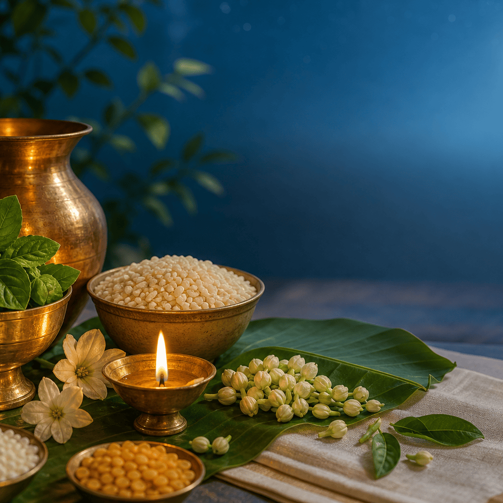 Ekadashi vrat offerings with tulsi leaves, fruit, and Vishnu-inspired blue-gold light