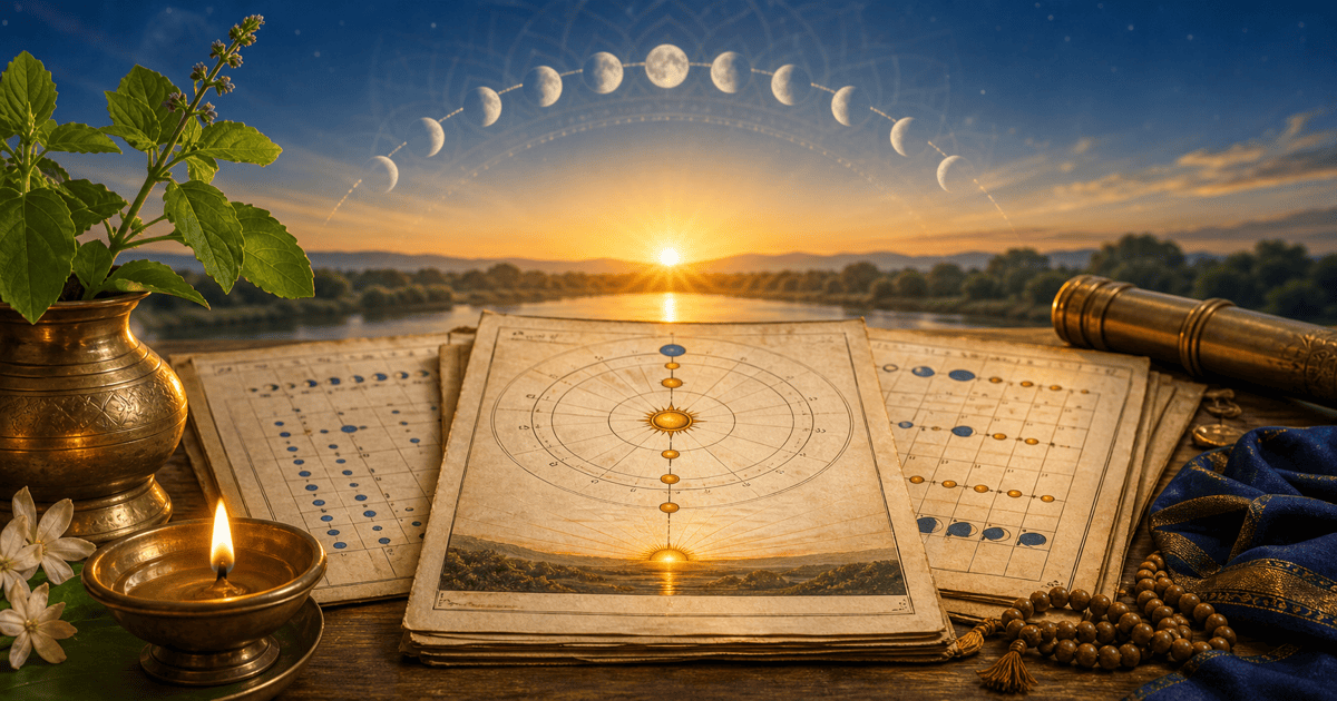 Ekadashi date confusion guide with lunar calendar, sunrise marker, and Vishnu-inspired ritual details