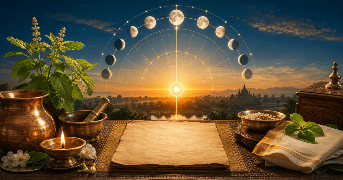 Udaya Tithi explained with sunrise over a panchang calendar and lunar date markings