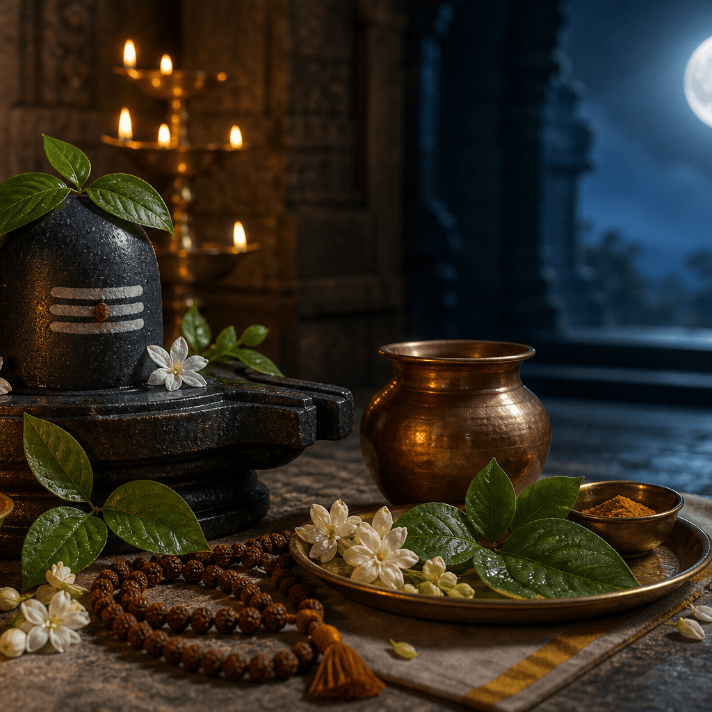 Sawan season calendar mood with monsoon greenery, Shiva temple bells, and festive lamps