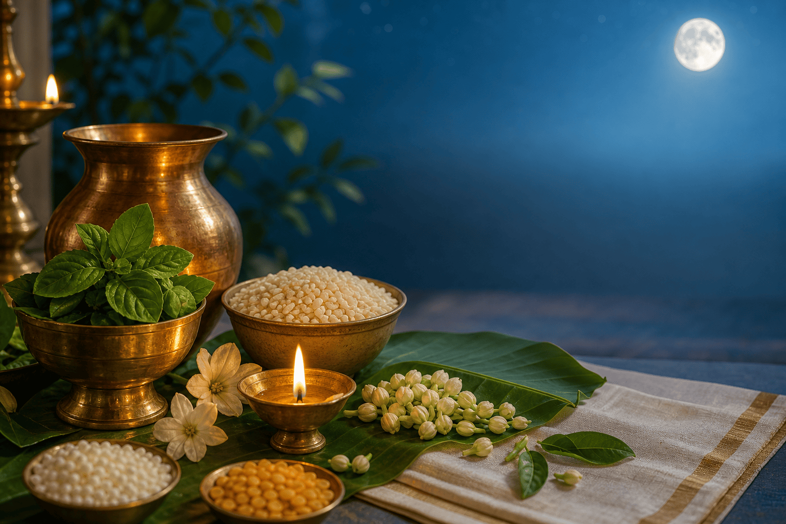 Hindu vrat fasting setup with fruits, flowers, copper kalash, and prayer beads